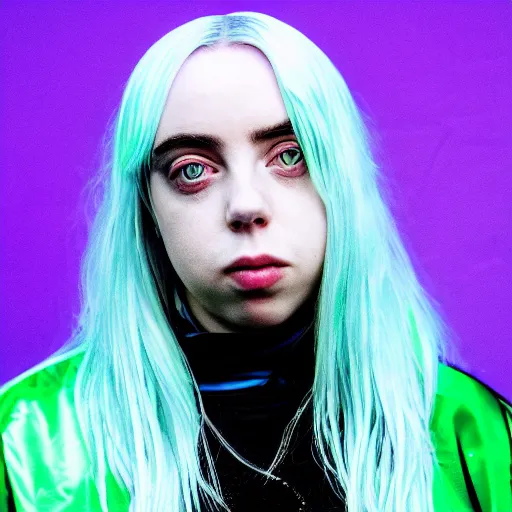 Image similar to Billie Eilish with fish eyes, XF IQ4, f/1.4, ISO 200, 1/160s, 8K, Sense of Depth, color and contrast corrected, Nvidia AI, Dolby Vision, symmetrical balance, in-frame