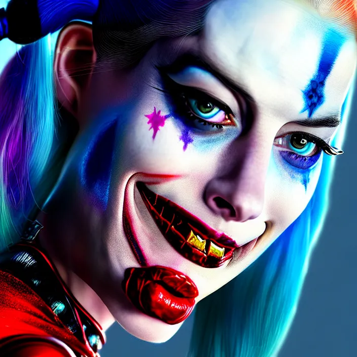 Image similar to portrait of Anne Hathaway as a harley quinn in Suicide Squad. intricate abstract. intricate artwork. by Tooth Wu, wlop, beeple, dan mumford. octane render, trending on artstation, greg rutkowski very coherent symmetrical artwork. cinematic, hyper realism, high detail, octane render, 8k, iridescent accents