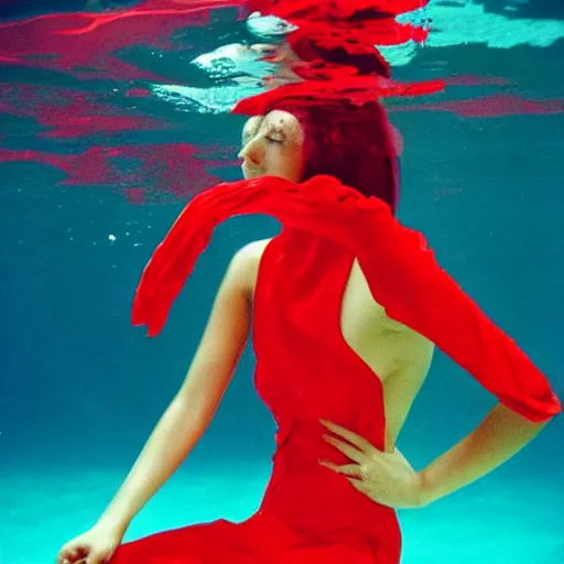 Prompt: beautiful portrait of sensual fashion model in red silk underwater, 35mm film