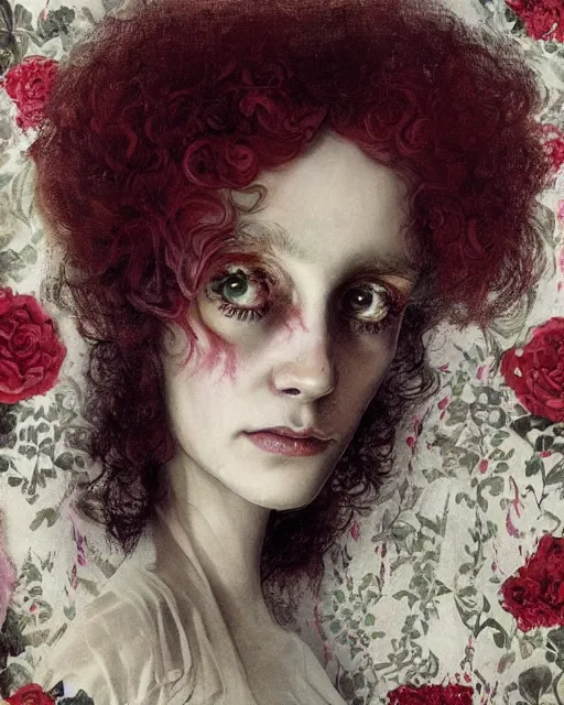 Prompt: a beautiful but sinister girl in layers of fear, with haunted eyes and curly hair, 1 9 7 0 s, seventies, floral wallpaper, delicate embellishments, a little blood, crimson, painterly, offset printing technique, by james c christensen