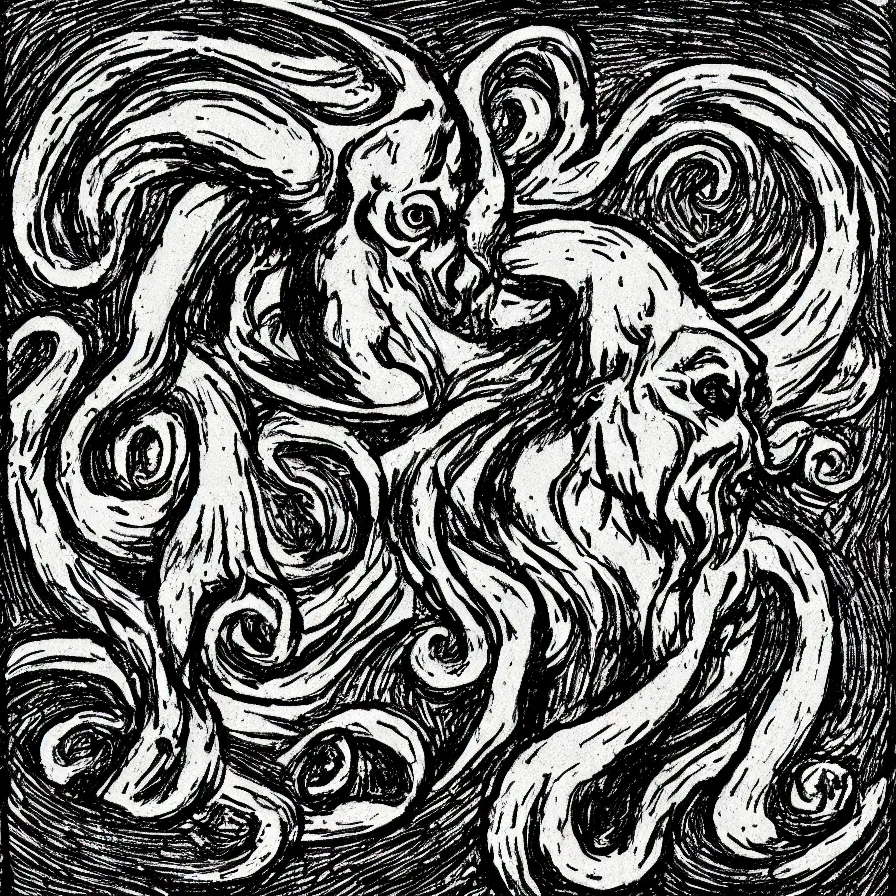 Image similar to a cute cthulhu icon drawn in the style of rockwell kent