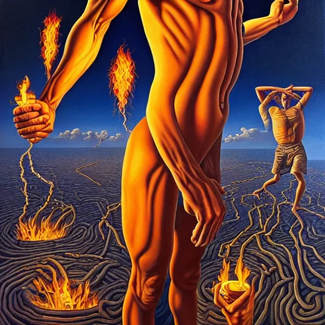 Prompt: an oil on canvas portrait of his body was like beryl, his face like the appearance of lightning, his eyes like flaming torches, his arms and legs like the gleam of burnished bronze, surrealism, surrealist, lovecraftian, cosmic horror, rob gonsalves, high detail