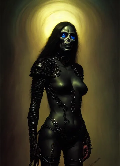 Prompt: female necromancer, black leather body suit, full body, hyper realistic, extremely detailed, dnd character art portrait, dark fantasy art, intricate fantasy painting, dramatic lighting, vivid colors, deviantart, artstation, by edgar maxence and caravaggio and michael whelan and delacroix.