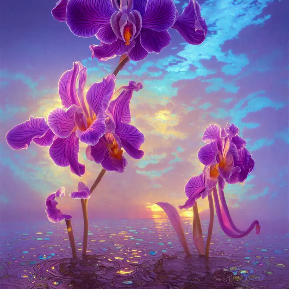 Image similar to detailed giant pastel holographic orchid iris hybrid flower surrounded by ocean waves, lsd water, lsd ripples, droplets, backlit, sunset, refracted lighting, art by collier, albert aublet, krenz cushart, artem demura, alphonse mucha