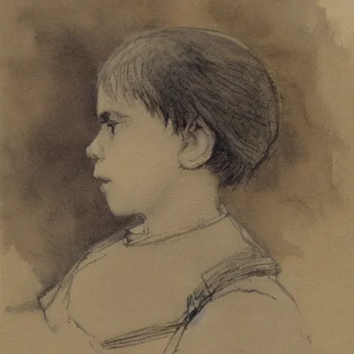 Image similar to portrait of a child standing and facing front looking strait ahead with a clear detailed face a muted color watercolor sketch of story book character ifrom the book Baltimore & Redingote by Jean-Baptiste Monge of an old man in the style of by Jean-Baptiste Monge that looks like its by Jean-Baptiste Monge and refencing Jean-Baptiste Monge