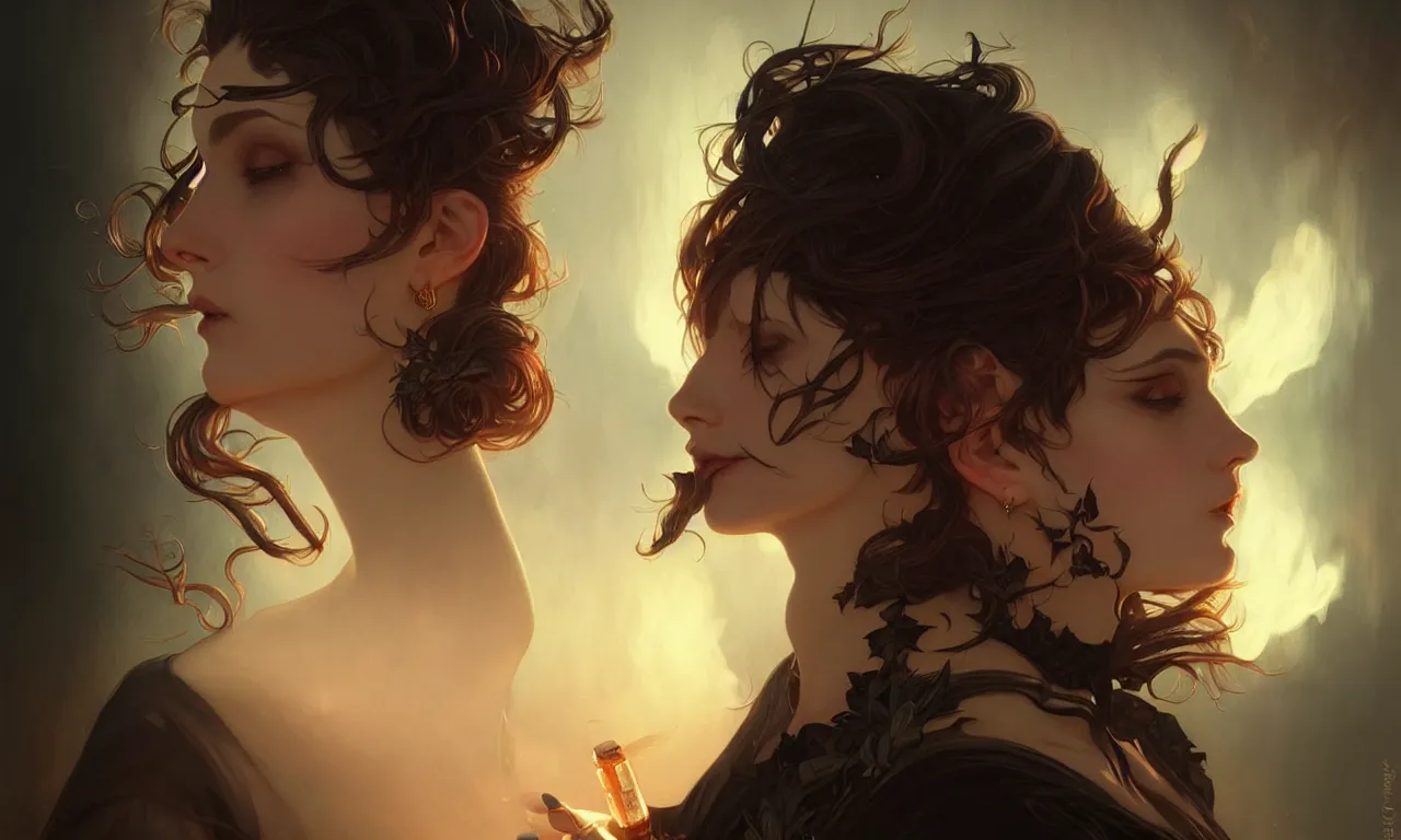 Image similar to A smoking witch closeup filled background around face, fantasy magic, undercut hairstyle, dark light night, intricate, elegant, sharp focus, illustration, highly detailed, digital painting, concept art, matte, art by WLOP and Artgerm and Greg Rutkowski and Alphonse Mucha, masterpiece