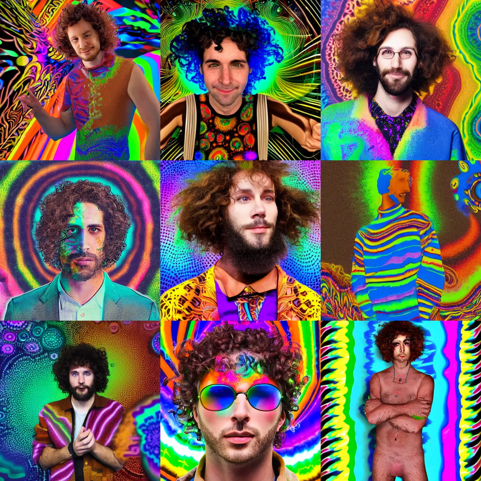 Prompt: a caucasian man with curly mid length brown hair dressed up for a psychedelic rave