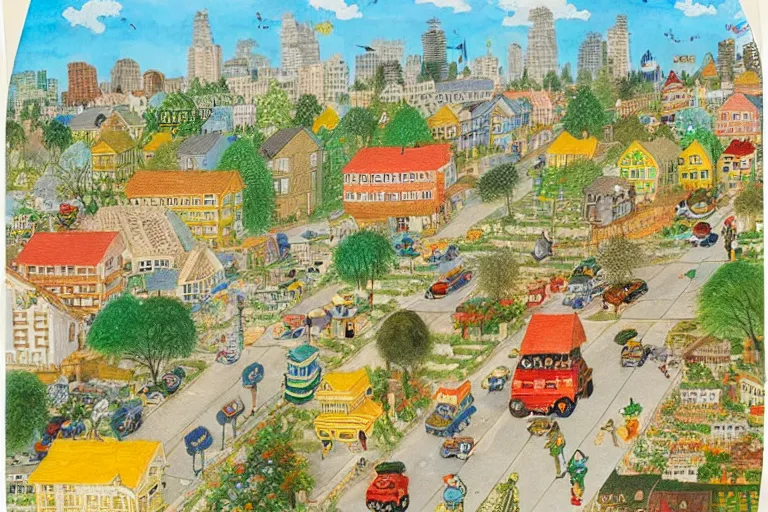 Prompt: an elaborate and dense painting of a peaceful neighborhood, detailed, made of alcohol ink on parchment and penned illustrations, by richard scarry and bosch