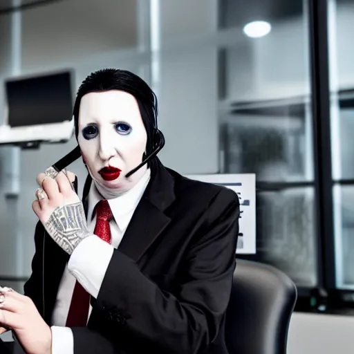 Prompt: Marilyn Manson, wearing office attire, working in a call center, portrait photography, bokeh, depth of field, 4k