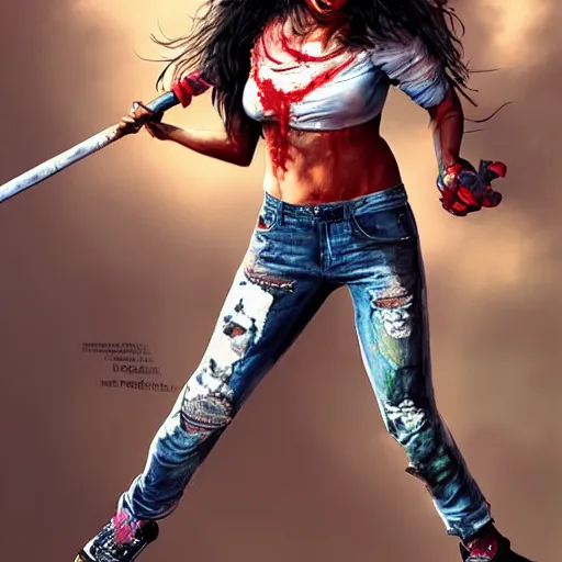 Image similar to a young Michelle Rodriguez dressed in tattered clothes, with red face paint in fighting pose holding a broom, wide full body, movie poster, realistic hyper detailed concept art