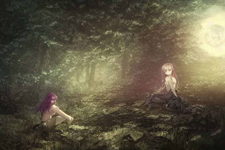 Image similar to goth woman in a moonlight view, in a forest, a river, tankoban, 4 k, tone mapping, akihiko yoshida, james jean andrei riabovitchev marc simonetti, yoshitaka amano, long hair, curly, h. hydrochaeri