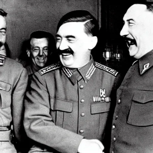 Image similar to hitler and stalin laughing out loud after ww 2