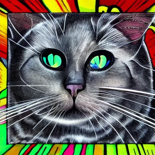 Image similar to a cat with laser eyes, lasers shooting, epic, trending, underground art, acid trip, dmt, cat