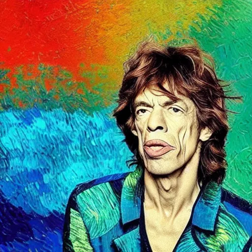 Image similar to an artistic portrait of mick jagger, attractive, rock star, high quality, studio photography, colorful, hero, heroic, beautiful, in the style of vincent van gogh