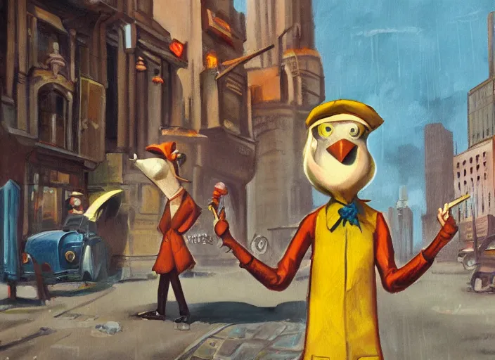 Image similar to painting of an anthropomorphic bird engineer standing on a busy steampunk city street. hd. 1 9 5 0 s oil painting style.