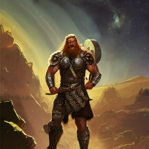 Prompt: photoreal full body of a hulking viking warrior in scifi armour on a rocky planet, nebula milky way background, by norman rockwell and boris vallejo, artstation, concept character art