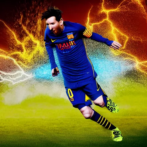 Image similar to lionel messi running extremely fast while his body emits blue lightning, 8 k