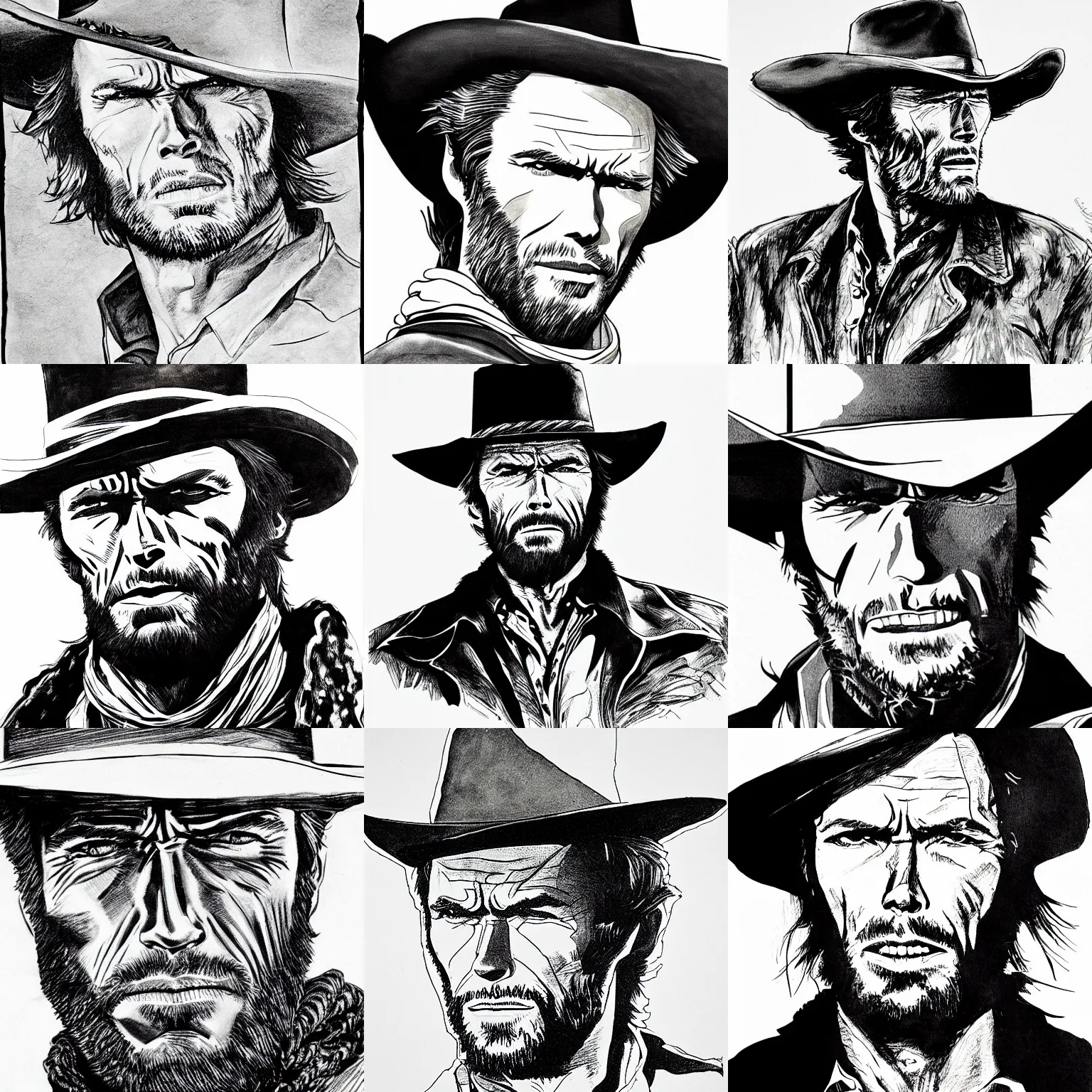 Prompt: Clint Eastwood. A Fistful Of Dollars. Western. Highly Detailed. Pen and Ink. Portrait. Monochrome