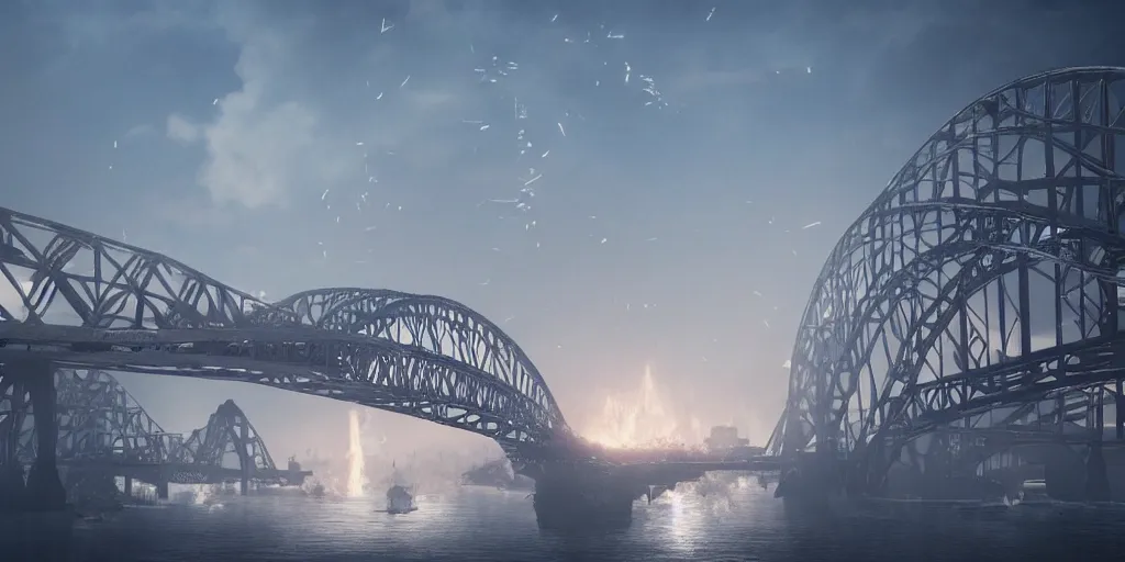 Image similar to explosions in the form of realistic white cotton plants on harbour bridge, huge white cotton everywhere on the destroyed harbour bridge, smooth, sharp focus, highly detailed, 3 d octane render, epic lighting, crazy atmosphere, lots of white cotton, 8 k, by goro fujita