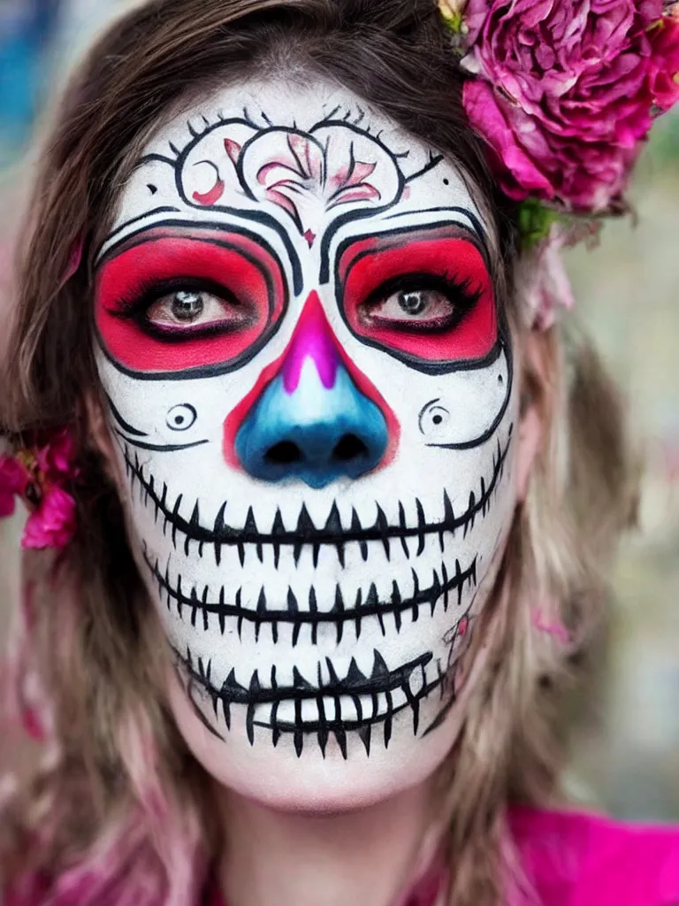 Prompt: a beautiful woman wearing day of the dead make - up, in the style of street art