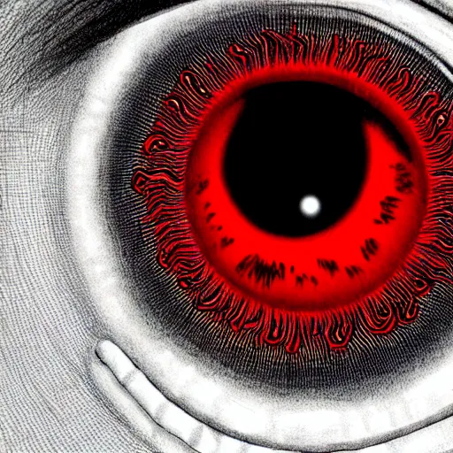 Image similar to a detailed extremely close up of inside the iris, cornea, red image, microscopic, extremely close up drawing by junji ito, cgsociety, generative art, lovecraftian, parallax, cosmic horror, extremely detailed, hyperrealism, unreal engine, octane render, award winning, masterpiece, highly detailed, realistic, 4 k, digital