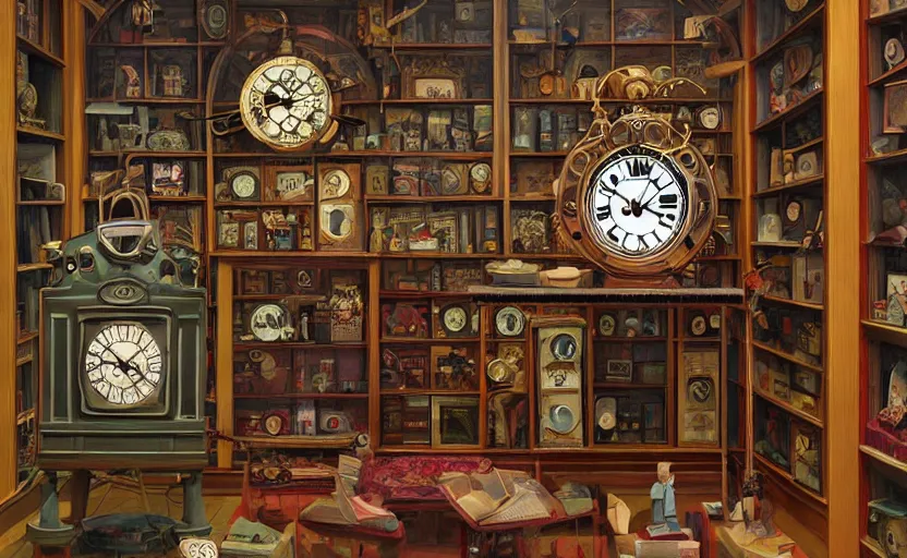 prompthunt: interior of a steampunk clock shop, father time, wooden  grandfather clocks everywhere, realistic, very intricate masterpiece by  arthur rackham