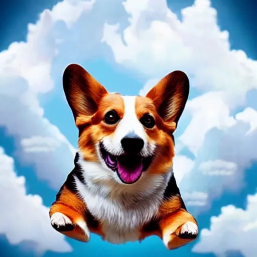 Image similar to a realistic photo of a corgi in a superhero costume flying through the clouds, closeup shot, high fur detail, an eye mask, determination, paws outstretched, soaring, epic sun rays and day lighting
