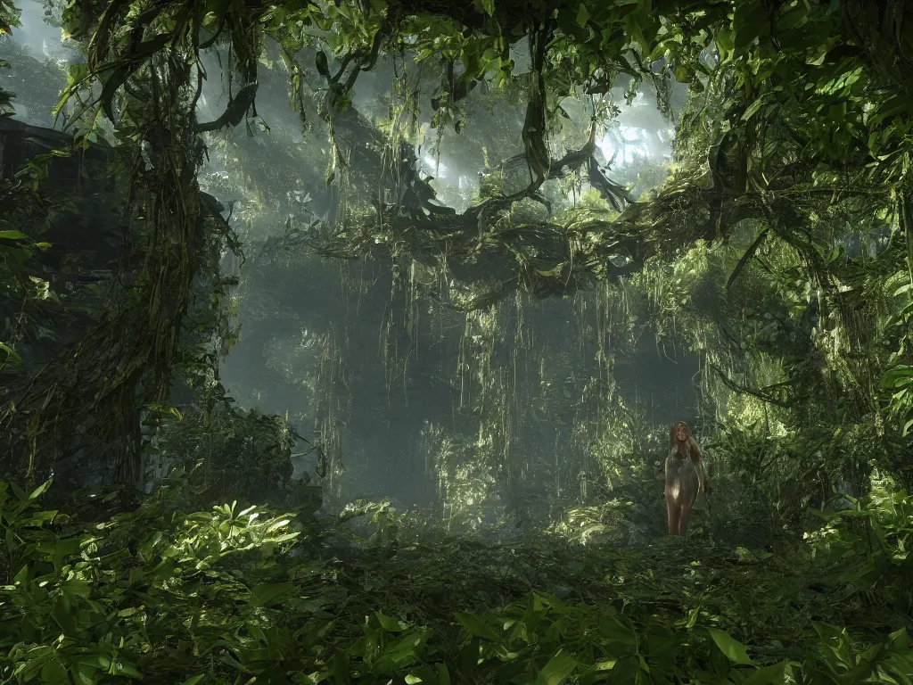 Prompt: gorgeous woman covered by vines in crysis 3, rendered in 8k with cryengine, ray-tracing, highly symmetrical and detailed