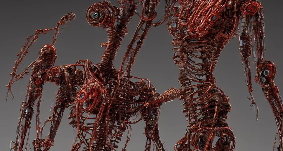 Image similar to Techno-biological rusty robot geisha consisting of veins, bones, kidneys, wires. Biopunk, body armor, high detail, photorealism, full length view, concept art, octane render, 16k, 8k