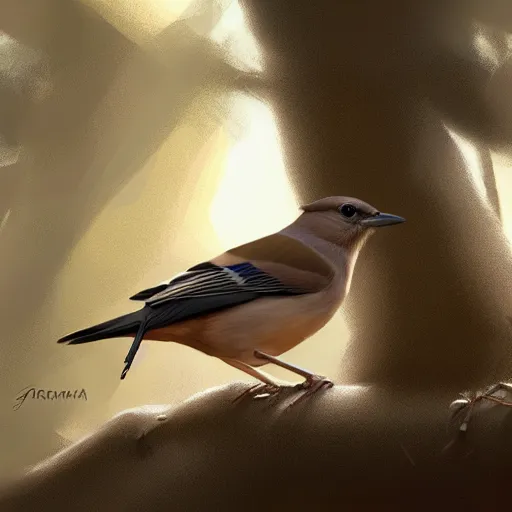 Image similar to brown spanish jay bird, garrulus glandarius, arrendajo in avila pinewood, 4 k, concept art, by wlop, ilya kuvshinov, artgerm, krenz cushart, greg rutkowski, pixiv. cinematic dramatic atmosphere, sharp focus, volumetric lighting, cinematic lighting, studio quality