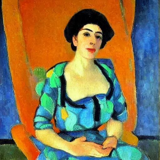 Prompt: A beautiful oil painting of a vivid impressionistic portrait of a woman, she is very beautiful, she smiles and looks straight at us, highly detailed, Matisse, fauvism