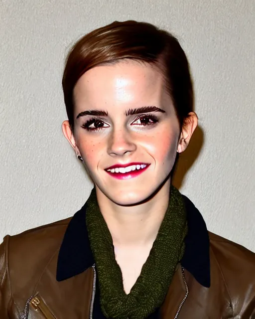 Image similar to headshot of a smiling, emma watson, she is wearing a leather bomber cap on her head, she is also wearing an a 2 flight jacket, a long green wool scarf is wrapped around her neck