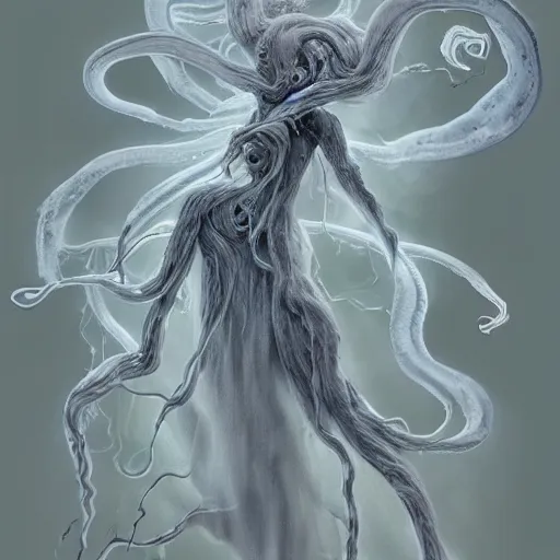 Image similar to concept designs for an ethereal ghostly wraith like figure made from wispy billowing smoke and sparks of electricity with a squid like parasite latched onto its head and long tentacle arms that flow lazily but gracefully at its sides like a cloak while it floats around a frozen rocky tundra in the snow searching for lost souls and that hides amongst the shadows in the trees, this character has hydrokinesis and electrokinesis for the resident evil village video game franchise with inspiration from Shuma gurath from marvel, the franchise Bloodborne and the mind flayer from stranger things on netflix in the style of a marvel comic