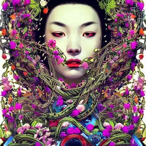 Image similar to colourful vfx art - portrait of army mecha robot wrapped in flowers & vines, art by utagawa kunisada & james jean, volumetric light, ray tracing, sharp, detailed, digital painting, illustration, highly detailed, intricate detail, unreal engine, octane render, global light, pinterest, behance, art station,