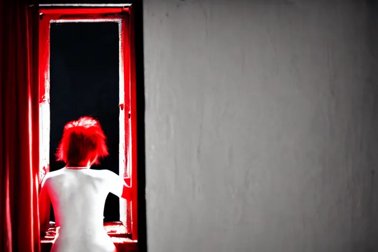 Prompt: punk girl wearing white and red looking outside the window in her bedroom during night time, elegant, highly detailed, 8 k, photorealistic, photography, real picture, heavy grain, neon lighting, hdr, photographed by steve mccurry, annie leibovitz, henri cartier - bresson, robert capa, andreas gursky