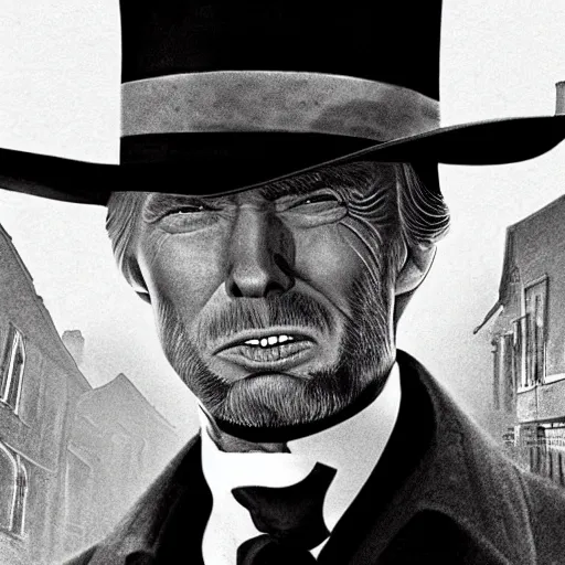 Prompt: an 1 8 0 0 s photo of donald trump playing the role of clint eastwood, squinting at high noon, in the style of a clint eastwood movie, the good, the bad and the ugly, clint eastwood, vibe, donald trump, glory days, justice, american flag, patriotism, apple pie, black and white, artgerm