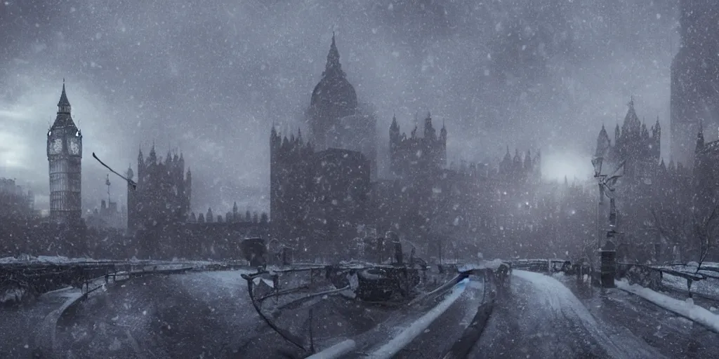 Image similar to london in winter ， prometheus film style, realistic, cinematic, trending on artstation, 8 k,