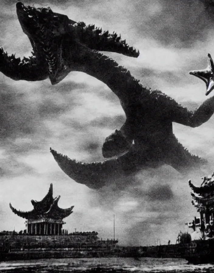 Image similar to a filmstill of a north korean monster movie, kaiju - eiga monster with starfish - arms trampling a traditional korean palace, foggy, film noir, epic battle, etheral, explosions, communist propaganda, communist epic thriller, by kim jong - il and akira kurosawa and tim burton, video compression