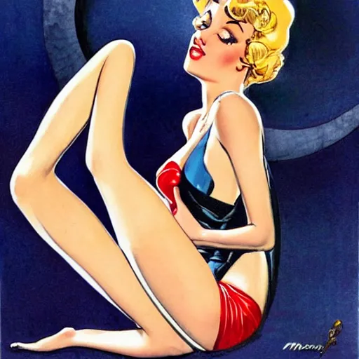 Prompt: a pin up sitting on a stylized crescent moon, by milo manara