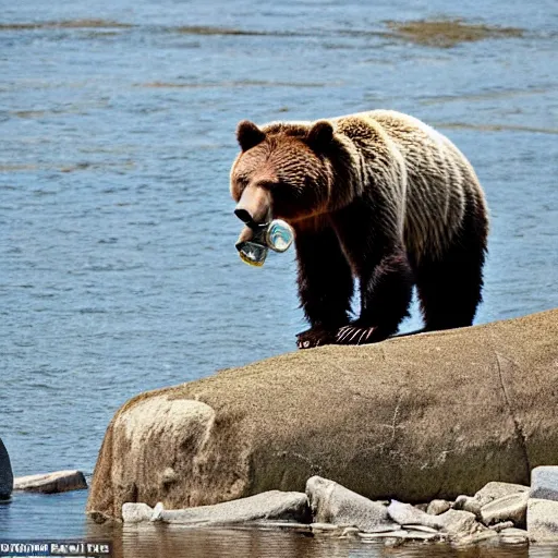Prompt: a grizzly bear standing on it’s hind legs chugging a beer, river in background —width 1280
