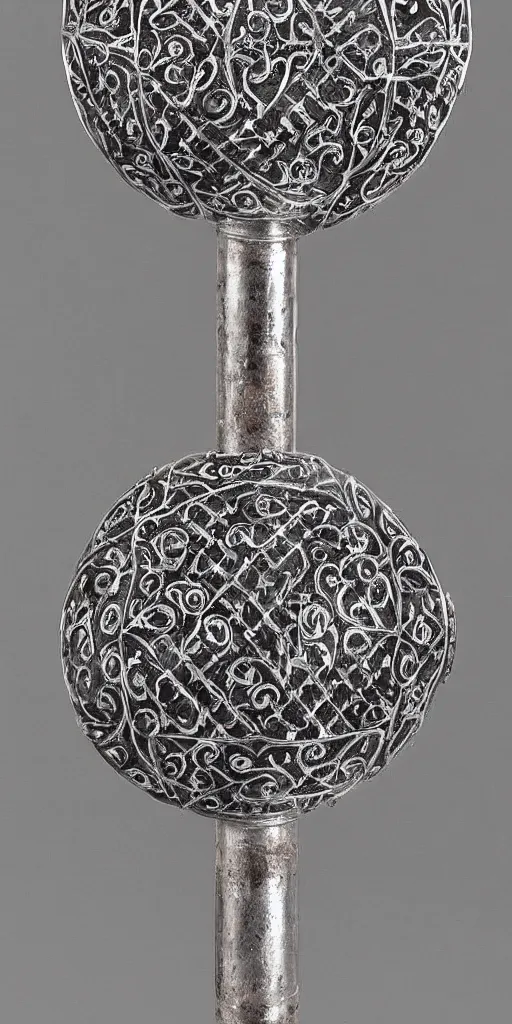 Prompt: a gravity hammer made out of damascene and ornate silver filigree