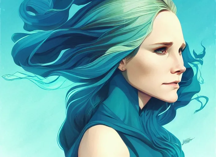 Image similar to style artgerm, joshua middleton, beautiful kristen bell with green dress, very long blue hair, symmetrical face, symmetrical eyes, water powers water swirling, detailed, beach setting, cinematic lighting