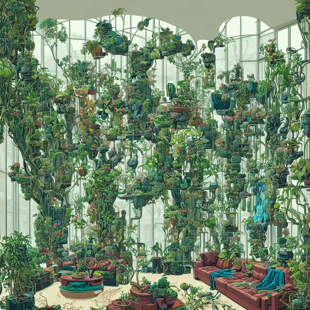 Prompt: luxury living room full of plants and trees by josan gonzalez