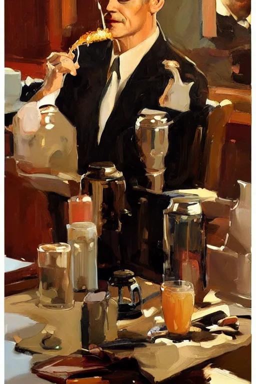 Image similar to dale cooper drinking coffee, coffee reflection, painting by jc leyendecker!! phil hale!, angular, brush strokes, painterly, vintage, crisp