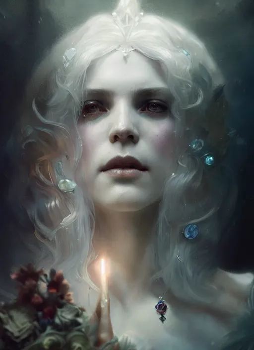 Prompt: a beautiful white haired princess, adorned with precious stone jewelry, intricate concept art, ominous, sinister dark fantasy, misty, dramatic lighting, octane render, 8 k, ruan jia and jeremy mann and tom bagshaw and alphonse mucha
