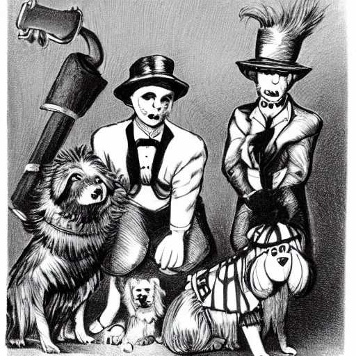 Image similar to black and white vintage drawing of a ragtag team of three dogs dressed as mischievous thieves in a dark steampunk setting