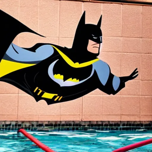 Image similar to batman doing a dive in the local pool