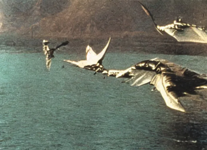 Prompt: scene from the 1971 lost world film Zeppelin Vs Pterodactyls