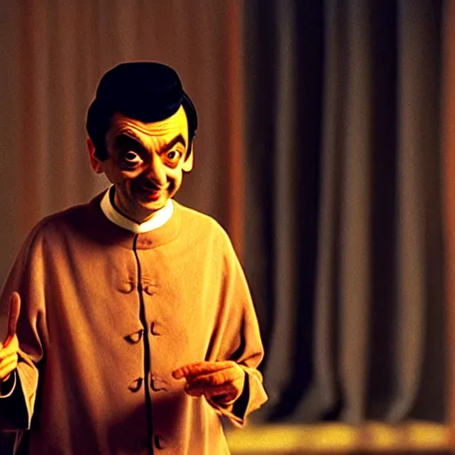 Prompt: mr. bean as osho. movie still. cinematic lighting.