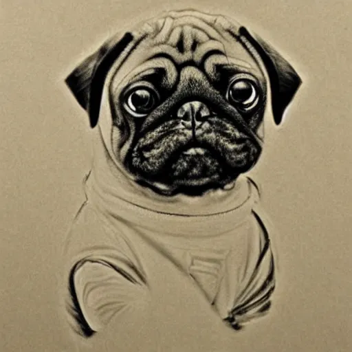 Image similar to pencil art, golden - ratio, spirals, highly detailed, astronaut pug in outer space by davinci.